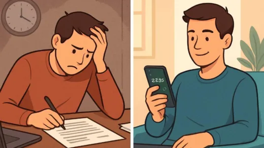 A person working diligently at a desk, looking stressed, while another person casually checks a financial app on a smartphone with a relaxed expression, both in contrasting environments.