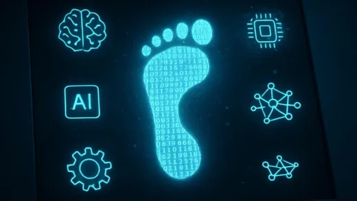 A person's digital footprint glowing on a screen, surrounded by AI symbols, representing data leakage.
