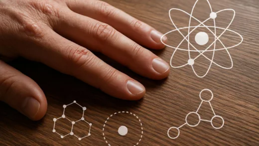 A person's hand touching a solid wooden table surface, extreme close-up showing skin texture and wood grain, realistic lighting with subtle scientific diagrams overlay, conceptual illustration of atomic interaction