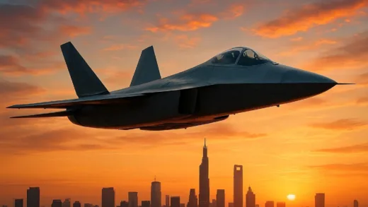 A powerful, sleek fighter jet, representing advanced aerospace technology, flying over a modern cityscape at sunset, symbolizing national pride and innovation.