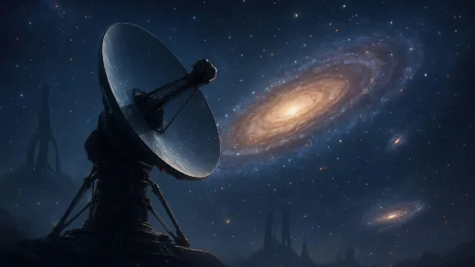 A powerful space telescope observing distant galaxies, with faint hints of alien structures in the background, a sense of wonder and vastness.