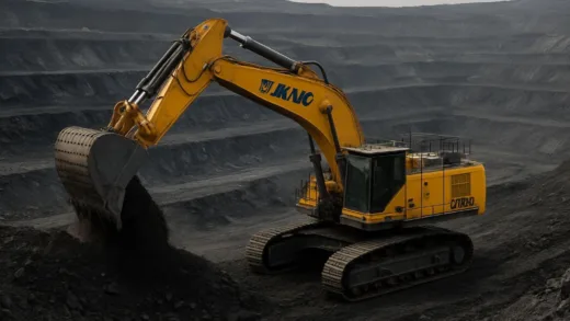 A powerful XCMG XE 7000 hydraulic excavator, painted yellow, working diligently in an open-pit coal mine in Inner Mongolia, China. The excavator is massive, contrasting with the vastness of the mine.