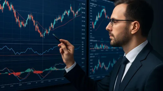 A professional financial analyst examining stock market charts with multiple indicators and angles on a digital screen.