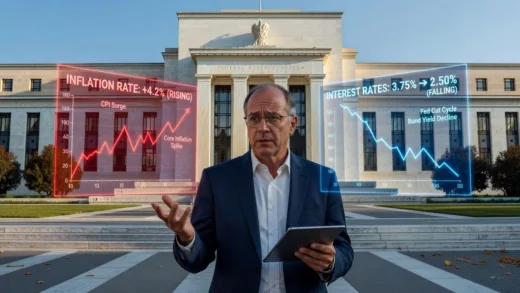 A puzzled economist looking at two conflicting charts: one showing rising inflation and the other showing falling interest rates, set against a backdrop of the Federal Reserve building. Dynamic, slightly anxious mood.
