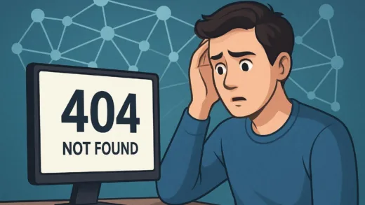 A puzzled person looking at a '404 Not Found' error page on a computer screen, with a network diagram in the background, digital art.