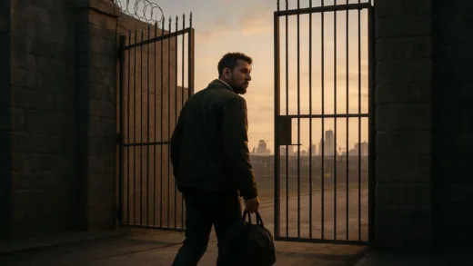 A realistic depiction of a man leaving a prison gate with a small bag, looking back at the imposing prison walls while facing a cityscape ahead, early morning light, cinematic atmosphere, emotional expression of hope and anxiety
