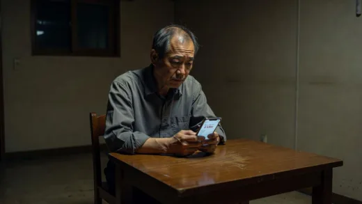 A sad middle-aged Korean man sitting alone at a small dinner table in a modest villa apartment at night, looking at his empty bank account on his phone, with shadows casting a lonely atmosphere