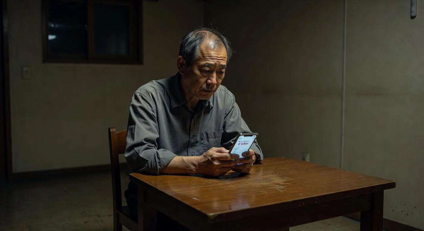 A sad middle-aged Korean man sitting alone at a small dinner table in a modest villa apartment at night, looking at his empty bank account on his phone, with shadows casting a lonely atmosphere