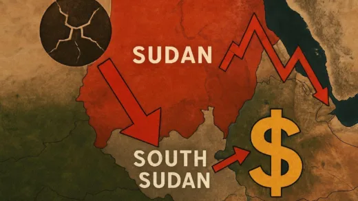 A satellite view of Sudan and South Sudan with economic crisis indicators, symbolizing interconnected collapse.
