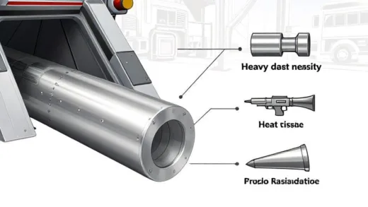 A schematic diagram illustrating the properties of tungsten, showing its heavy density, heat resistance, and applications in weapons and industrial tools, with a backdrop of a modern mine and futuristic industrial machinery.