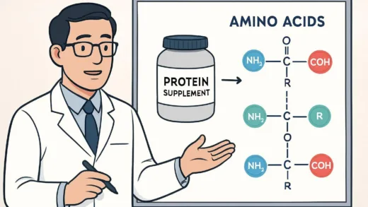 A scientist in lab coat explaining protein supplement composition with molecular diagrams showing amino acid breakdown