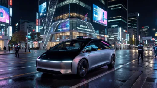 A self-driving taxi operating on a brightly lit street in Gangnam, Seoul, at night in 2026. The car has no visible driver, showing its autonomous nature. Modern architecture in the background.