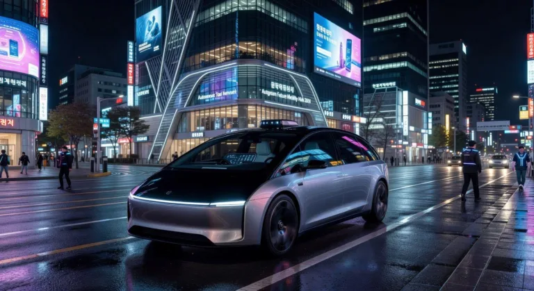 A self-driving taxi operating on a brightly lit street in Gangnam, Seoul, at night in 2026. The car has no visible driver, showing its autonomous nature. Modern architecture in the background.