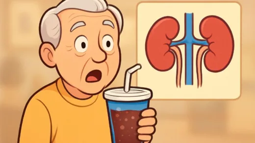 A senior person looking surprised while holding a sugary drink, with a blurry background of a kidney diagram, in a friendly, informative cartoon style.