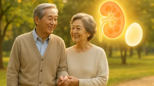 A serene, older Korean couple smiling and walking in a park, holding hands. In the background, a transparent, glowing illustration of a healthy kidney and a single egg white appears, symbolizing protection and vitality. The overall lighting is warm and hopeful.