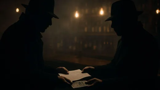 A shadowy figure exchanging documents and money in a dimly lit bar, representing industrial espionage.