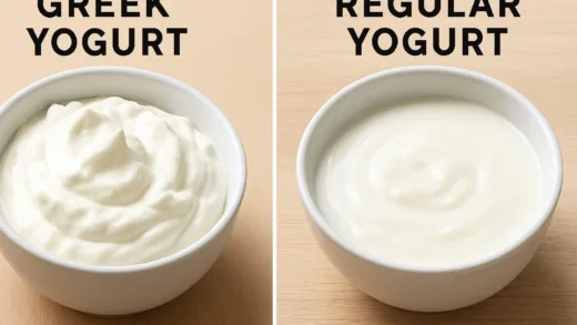 A side-by-side comparison of a bowl of thick, creamy Greek yogurt and a bowl of thinner, regular yogurt, highlighting the texture difference.
