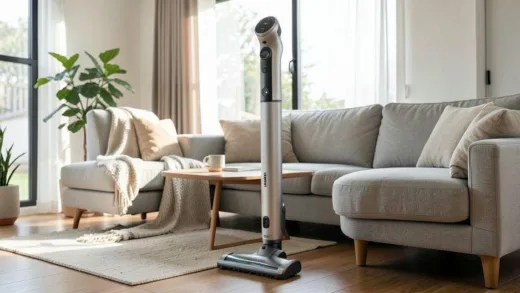 A sleek, modern Dyson cordless vacuum cleaner standing upright in a stylish Korean living room, bathed in natural light, symbolizing innovation and high sales.