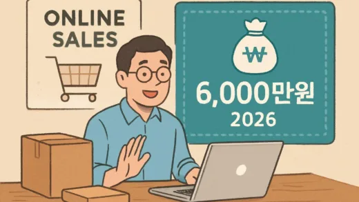A small business owner happily managing online sales, with a digital graphic showing a 6 million won support fund in 2026.