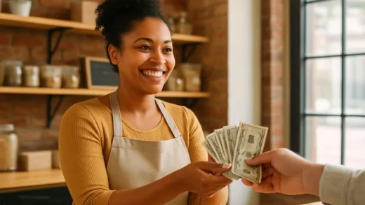 A small business owner smiling, receiving support funds, bright and hopeful atmosphere.