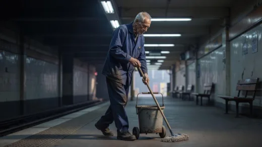 A solemn scene in an early morning subway station, an elderly person with cleaning tools, their hands gnarled, back slightly bent, but still walking with determination. The atmosphere is muted and quiet.