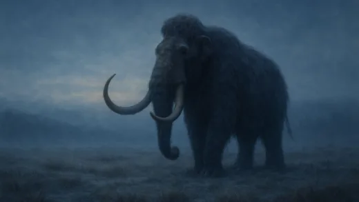 A solitary woolly mammoth standing in a desolate, misty tundra at dusk, a sense of ancient mystery and the weight of history. The ground is covered in sparse, frozen grass. Soft, cool light.