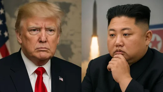 A split image showing Donald Trump in a serious pose on one side and Kim Jong Un looking thoughtful on the other, with a subtle background suggesting international relations and military power, high-resolution, realistic.