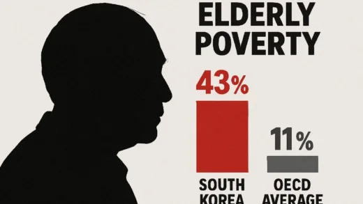 A stark contrast graphic showing elderly poverty statistics in South Korea compared to OECD average, with an elderly man's silhouette in the background