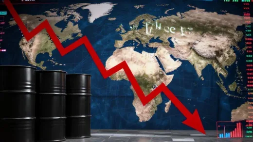 A stark image representing a global economic crisis originating from the Middle East, with stock market charts falling and oil barrels.