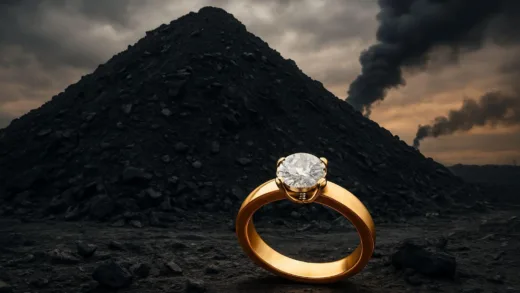 A striking image showing a luxurious gold ring juxtaposed with a massive, dark pile of industrial mining waste under a polluted sky, with subtle hints of environmental damage.