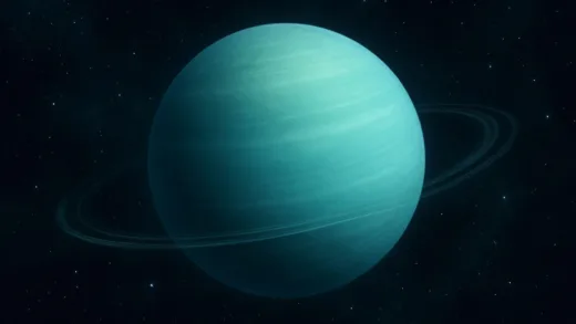 A stunning artistic depiction of the planet Uranus against the backdrop of deep space, showing its distinct pale blue-green color and faint rings, with stars twinkling in the distance. The planet should appear majestic and mysterious, with subtle atmospheric bands visible.