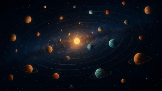 A stunning illustration of the Milky Way galaxy with billions of stars and planetary systems, showing diverse exoplanets orbiting different types of stars, with Earth-like planets highlighted in the habitable zones.