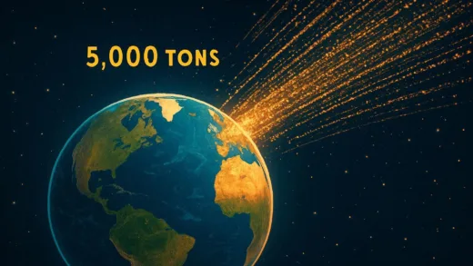 A stylized image of Earth in space, with glowing trails of tiny space dust particles entering its atmosphere, highlighting the 5,000 tons annual influx.