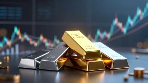 A symbolic illustration of hybrid crisis showing inflation, economic slowdown, and financial instability converging together, with gold and silver bars shining in the center, abstract economic charts in background, dramatic lighting.