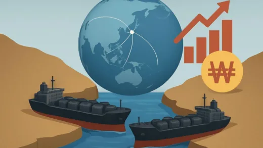 A symbolic image of a narrow strait with oil tankers stuck, a globe in the background showing connections to South Korea, and economic indicators like rising prices and a falling currency.