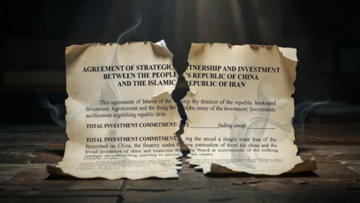 A symbolic image showing a torn contract document between China and Iran with empty investment numbers fading away, representing broken promises