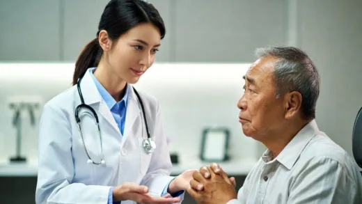 A sympathetic doctor gently explaining serious health news to an elderly Korean man, in a modern, clean doctor's office. The elderly man looks concerned.