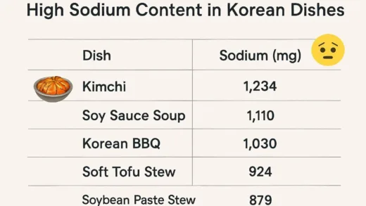 A table showing high sodium content in various Korean dishes, with kimchi prominently featured as a major contributor to excessive sodium intake in the Korean diet. A worried face emoji.