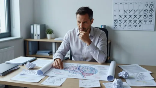 A thoughtful adult looking at a complex brain diagram, surrounded by scattered notes and a calendar, highlighting the internal struggle with focus, in a clean, modern office setting.