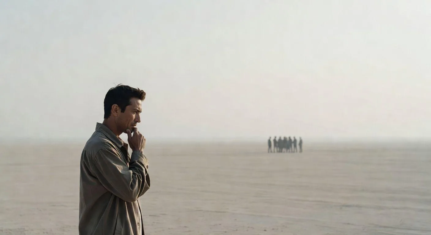 A thoughtful person observing a group from a distance, soft lighting, contemplative mood, minimalist style