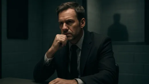 A thoughtful profiler in a modern, slightly dim interview room, looking intently at an unseen subject, with a subtle sense of societal unease in the background.