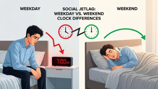 A tired young professional looking at alarm clock on weekday morning versus sleeping in on weekend, with visual representation of social jetlag concept showing clock differences between weekdays and weekends, modern infographic style, clean and minimalist.