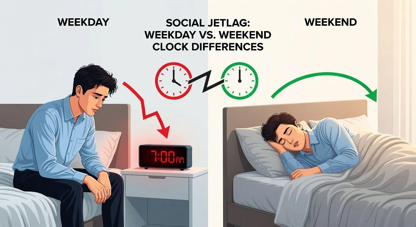 A tired young professional looking at alarm clock on weekday morning versus sleeping in on weekend, with visual representation of social jetlag concept showing clock differences between weekdays and weekends, modern infographic style, clean and minimalist.