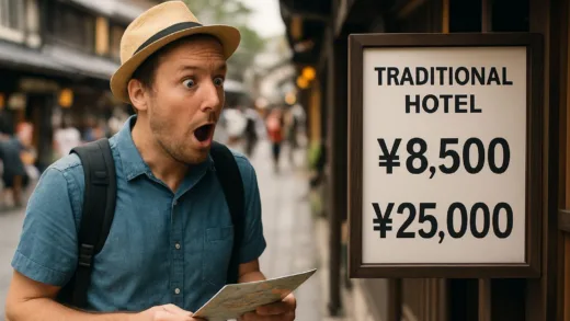 A tourist looking surprised at a price sign in front of a traditional Japanese hotel in Kyoto, with a blurred background of a busy street. The price sign clearly shows two different prices, one significantly higher.