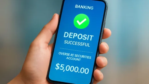 A user holding a smartphone with a banking app open, showing a successful deposit transaction into an overseas securities account, with a bright, digital interface.