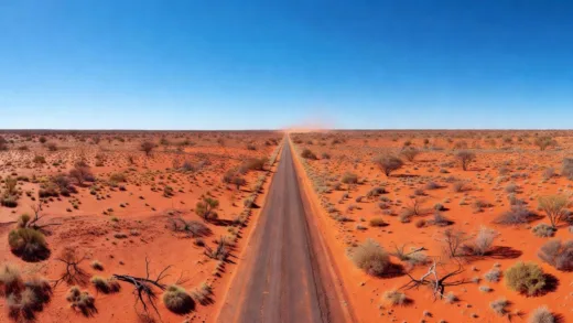 A vast, red desert landscape in the Australian Outback with a lonely road stretching to the horizon under a bright blue sky, showcasing the immense scale and isolation of the region.