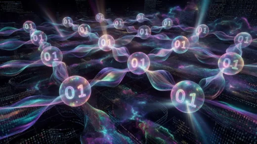 A vibrant abstract visualization of quantum superposition and entanglement, showing interconnected qubits as glowing spheres with binary 0 and 1 states simultaneously present, with quantum wave patterns connecting them in a cosmic digital landscape.