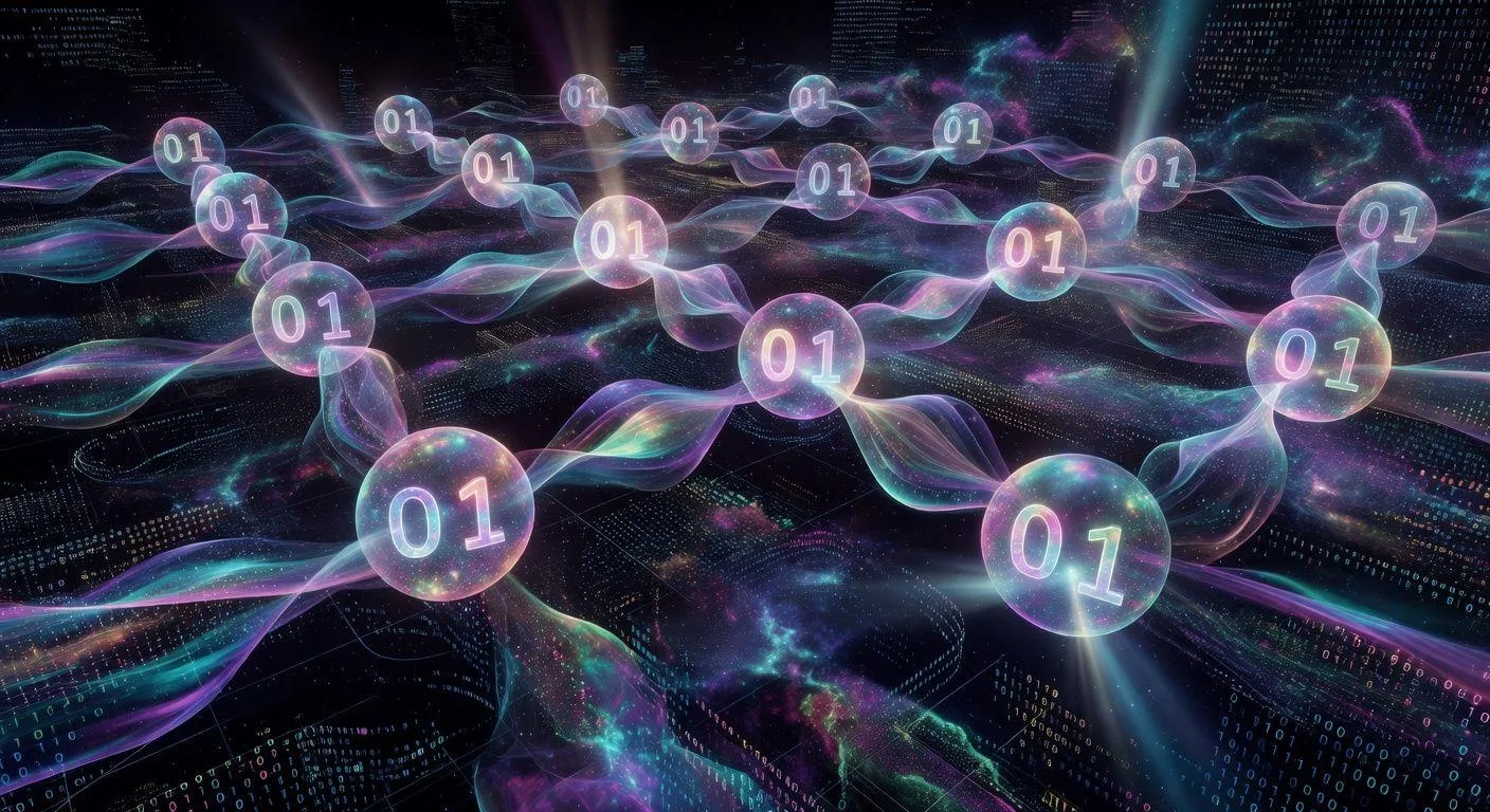 A vibrant abstract visualization of quantum superposition and entanglement, showing interconnected qubits as glowing spheres with binary 0 and 1 states simultaneously present, with quantum wave patterns connecting them in a cosmic digital landscape.