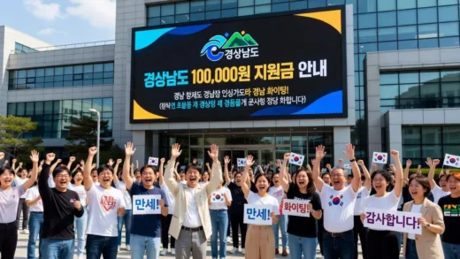 A vibrant announcement board showing Gyeongsangnam-do province logo with 100,000 won support fund information, citizens cheering, modern Korean administrative office background