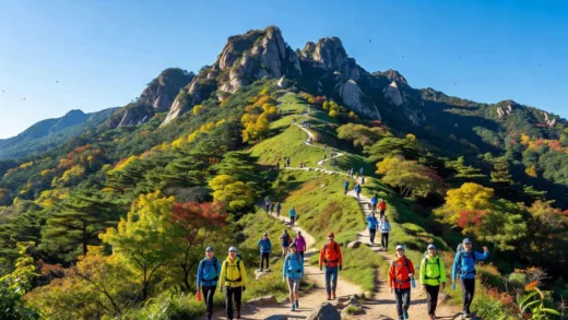A vibrant, energetic mountain landscape with hikers on a clear day, illustrating a sense of positive energy and excitement. The mountain is Gwanaksan in Korea.